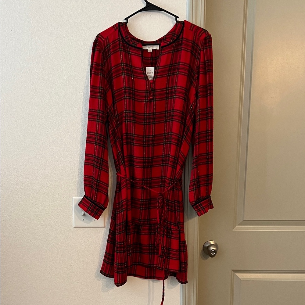 LOFT Red and Black Plaid Long Sleeve Dress